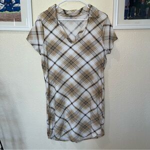 NOBO Cream and Tan Plaid Mini Dress with Notched V Neck Collar (1-209)